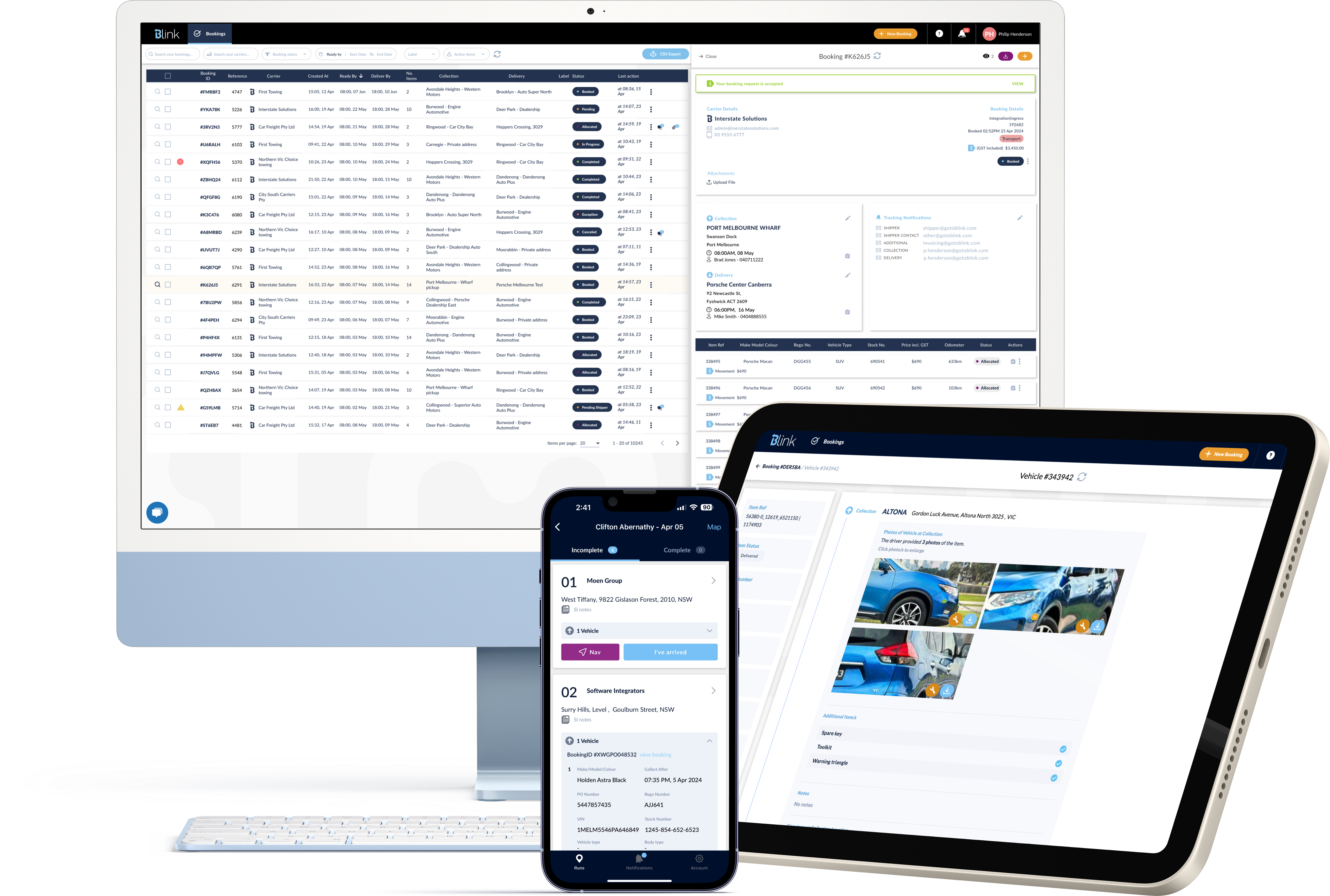 Blink platform shown across multiple devices: job allocation on desktop, driver task list on mobile, and proof-of-condition photos on tablet
